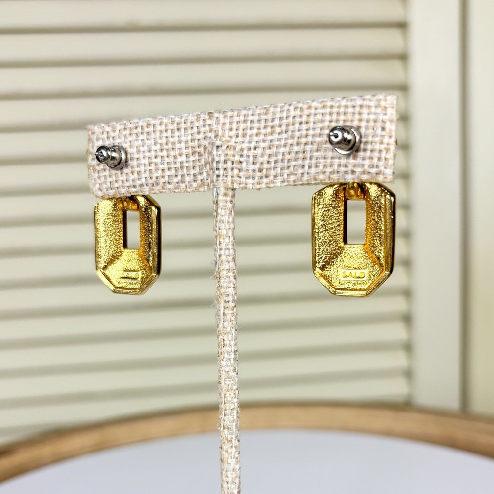 Luxe 1980s Swarovski S.A.L. Green Enamel Crystal Gold Door Knocker Earrings VTG - Picture 5 of 5